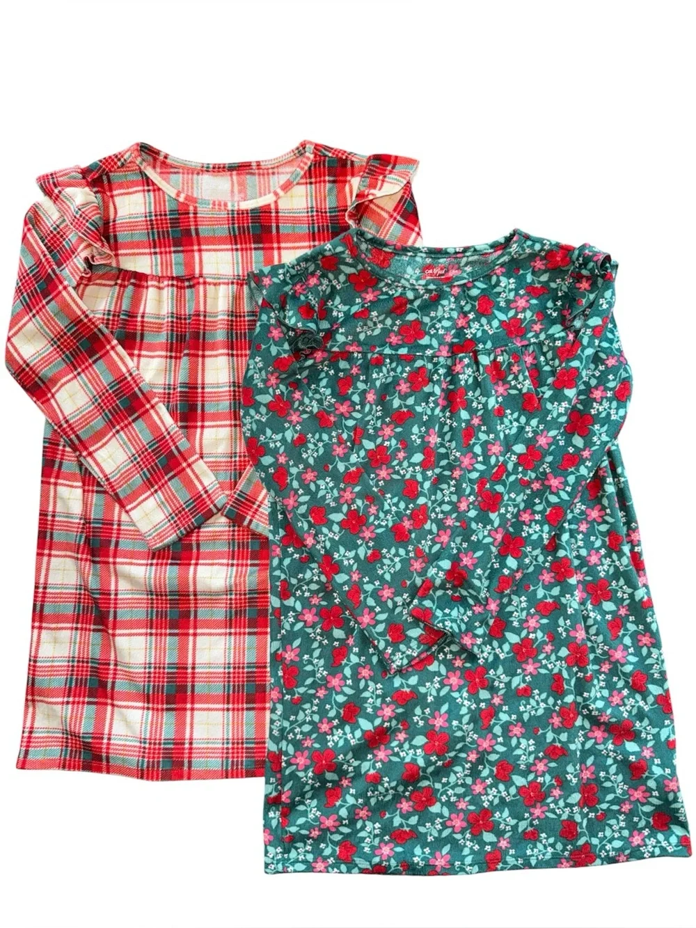 2 Cat & Jack Girl Long Sleeve Holiday Pajama Gowns Red Plaid & Green Floral Sz8